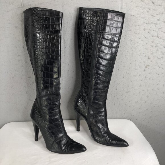Prada Boots Womens US 37 EU Black Crocodile Print Leather Knee